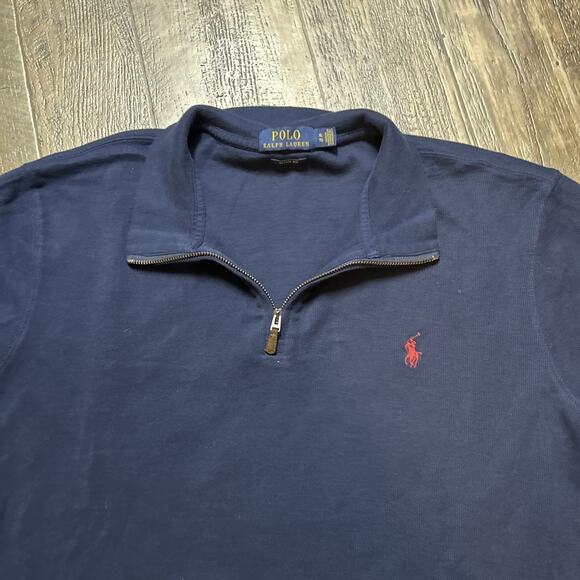 Men Polo Ralph Lauren Mesh-Knit Cotton Quarter-Zip Sweater Sz XL Navy Blue Prep - Picture 2 of 4
